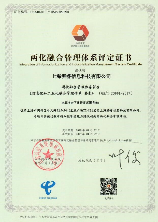 上海湃睿科技順利通過兩化融合管理體系評定